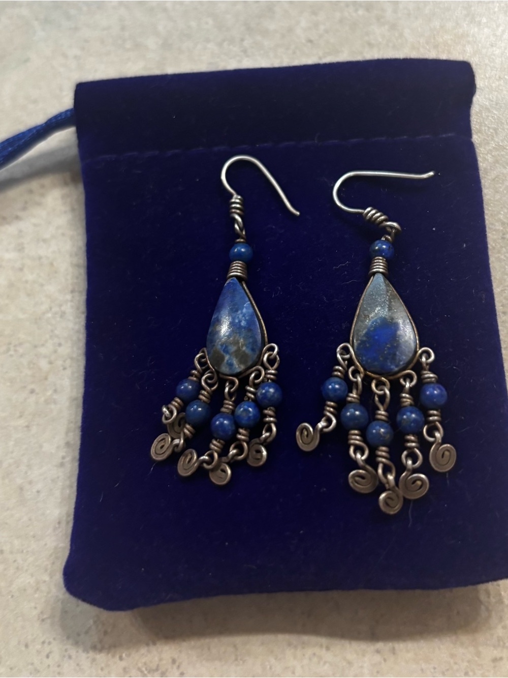 Boho Blue Teardrop Dangle Earrings with Bead Fringe ,sterling silver lapis lazul